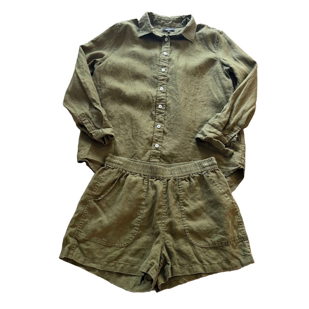 Quince Linen Matching Set Women M Dark Green Button Down Shorts